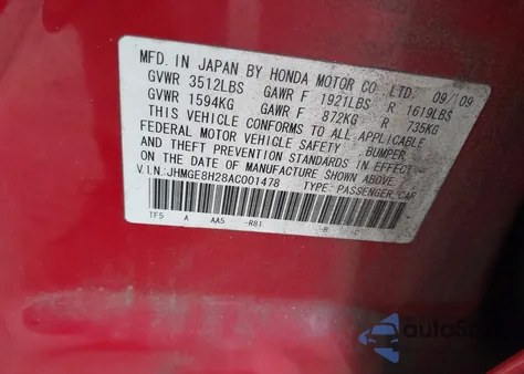 2010 Honda Fit from USA, damaged, VIN JHMGE8H28AC001478